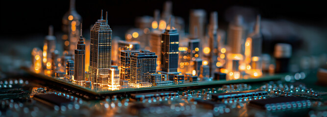 Futuristic Smart City on Microchip, Glowing Miniature Digital Metropolis Representing AI Technology, Smart Infrastructure, Data Networks and Advanced Urban Innovation