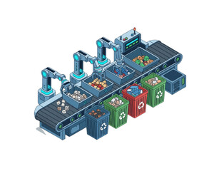 Obraz premium Automated waste sorting line isometric vector. Robotic arms separating trash on conveyor belt into recycle bins. Smart industrial recycling factory technology illustration.
