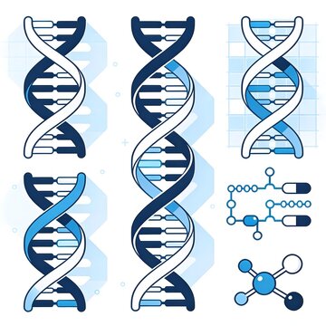 A diverse collection of DNA double helix strands and molecular structures.