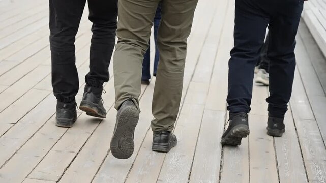 Close-up of three people walking together on a wooden boardwalk, highlighting legs in casual pants and sturdy footwear, capturing synchronized steps during an outdoor urban stroll.