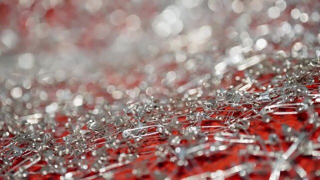 Glittering cluster of metallic safety pins on a red textured fabric, captured in a macro close-up with shallow depth of field and bokeh highlights creating an abstract pattern