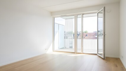Obraz premium An inviting, sun-drenched, empty room, designed with minimalist and modern architecture. A spacious, airy interior, enhanced by natural light pouring in from the large windows. 