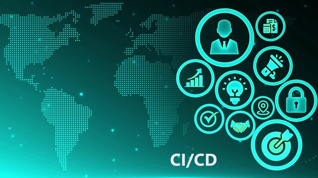 CI/CD pipeline automation icons with global network digital background futuristic technology concept glowing teal blue