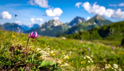 Close-up of a vibrant pink flower against a blurred backdrop of lush green meadows and mountains