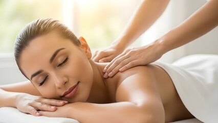 Indulge in a serene spa experience, as a relaxed individual receives a soothing massage, promoting relaxation and well-being. Capturing the essence of tranquility.
