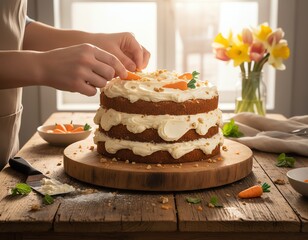 Decorating a delicious carrot cake with cream.