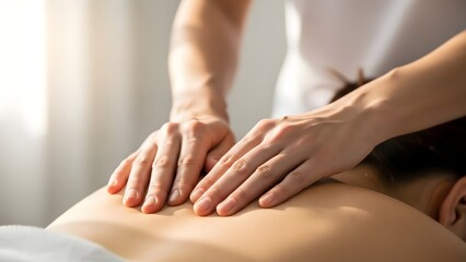Close-up of a massage therapy session, showcasing the hands of a skilled therapist soothing a person's back. The image evokes a sense of peace and healing.