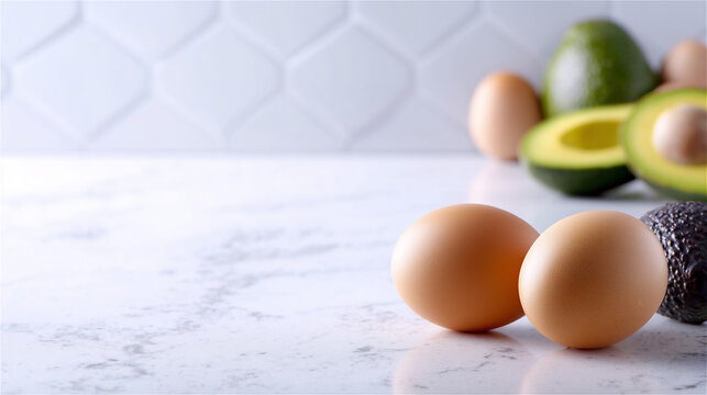 キッチンカウンターに置かれた新鮮な生卵のクローズアップ