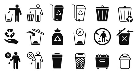Fototapeta na wymiar Trash icons. Waste bin and recycling signs for environmental cleanup, public sanitation and eco friendly garbage disposal or sorting, rubbish bucket symbols. Vector isolated dustbin pictogram set