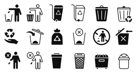 Fotobehang Karaktertjes Trash icons. Waste bin and recycling signs for environmental cleanup, public sanitation and eco friendly garbage disposal or sorting, rubbish bucket symbols. Vector isolated dustbin pictogram set  © Tartila