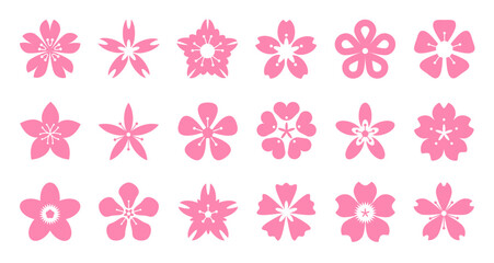 Sakura cherry flower blossom floral set for spring wedding invitation, Japanese Hanami pattern and romantic card or background. Vector collection of decorative pink bud silhouettes