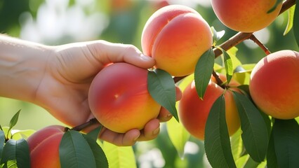 A hand delicately plucks a ripe peach from a sun-drenched branch, evoking the essence of a bountiful harvest.
