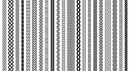 Plakat Braid Celtic knot border seamless pattern set for vintage frame, tattoo bracelet and Viking engraving. Braided line ornament, rope divider for Scottish textile. Vector isolated brushes set