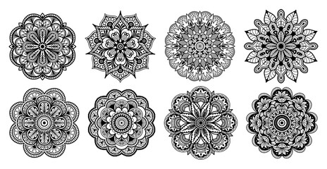 Mandala floral, geometric rosettes for sacred yoga logos, mehendi tattoo art, anti-stress coloring pages. Boho vector set circular ornament for henna vintage pattern, luxury decorative circle emblem