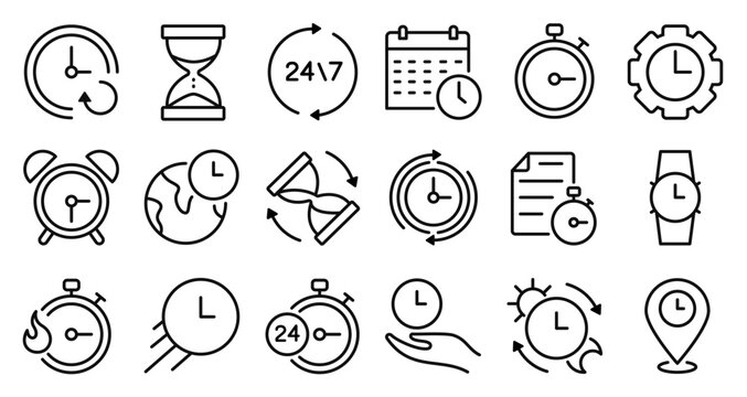 Time line icons. Clock and timer vector symbols for deadline management, appointment scheduling and workflow, timekeeping signs. Hourglass, stopwatch and calendar reminder, countdown and 24x7 service