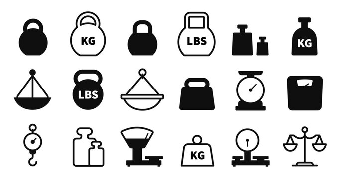 Weighing scale and weight icons with kilogram and pound symbols for fitness gym equipment, freight measurement and laboratory tools. Dumbbells and balance dials vector silhouette isolated set