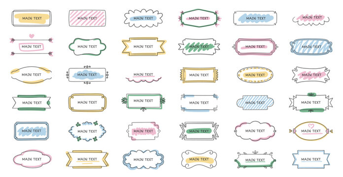 Doodle title box. Cute hand drawn text frame and sketch underline, kawaii highlight with brackets for journal stationery and kids scrapbook. Decorative headline and sticker vector set