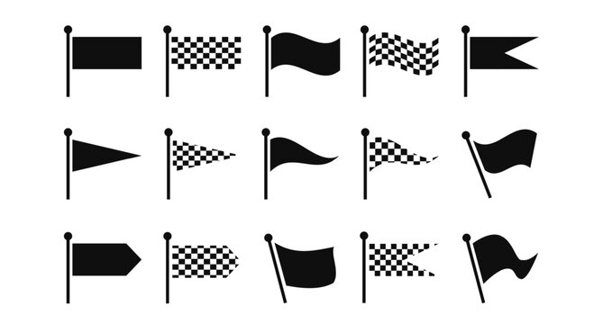 Checkered flag and racing icons for motorsport victory, speed rally competition, win or podium finish in race event. Navigation waving flag pins, wayfinding pennant symbols vector isolated set