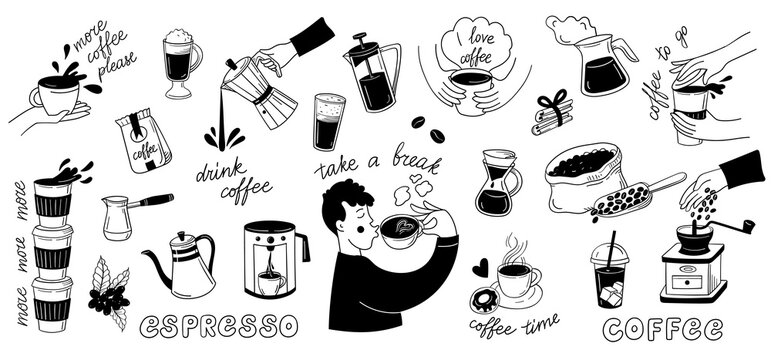 Espresso and coffee shop doodle icon set with barista tools, coffee grinder and coffee pot, for cafe menu packaging, social media stickers. Vector hand drawn doodle style