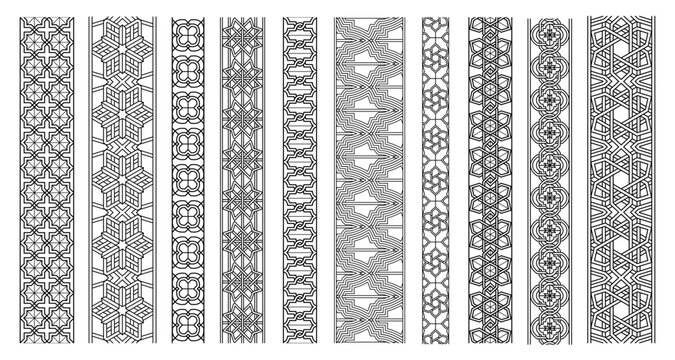 Islamic geometric seamless border vector set. Arabesque ornament patterns and Arabic sacred lattice frames. Decorative vintage Muslim dividers for Ramadan, oriental wallpaper and Arabian textile