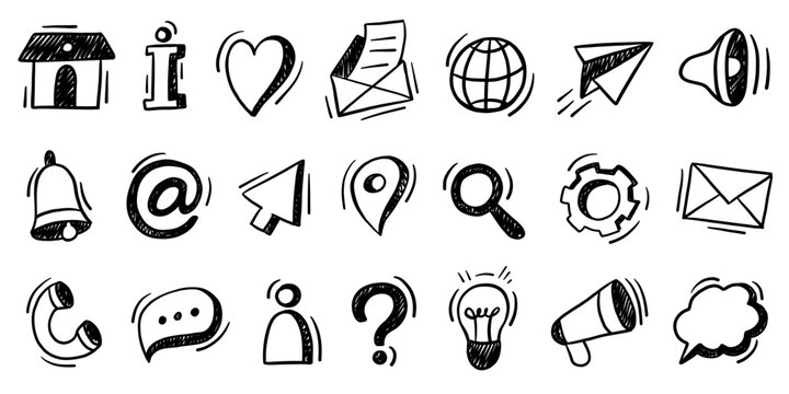 Contact and communication doodle icons. Hand drawn home, mail envelope and globe, paper plane and map pin, cursor and gear, light bulb and user, search magnifier menu signs. Vector sketch icon set
