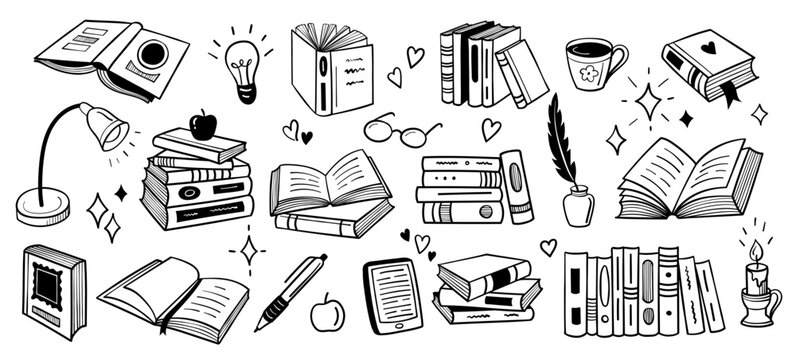 Books doodle outline with lamp, quill and cup, glasses and ebook. Library sketch concept for reading literature, education and knowledge. Hand drawn open paper book with bookmark vector set