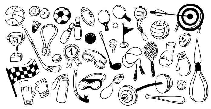 Sports equipment doodle set. Balls and trophy, rackets and boxing gloves, target and stopwatch, barbell, dumbbell and flag. Vector set for workout stickers, kids activity and award or education app