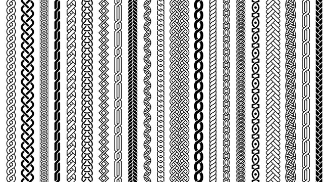 Braid Celtic knot border seamless pattern set for vintage frame, tattoo bracelet and Viking engraving. Braided line ornament, rope divider for Scottish textile. Vector isolated brushes set