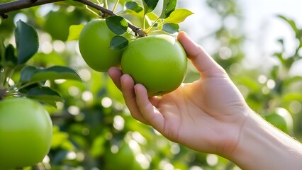 Close up shot of hand, harvest fresh green apple from the tree in sunny day, representing freshness and healthy.