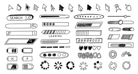 Obraz na płótnie Canvas UI icon doodle. Hand drawn cursor button and interface slider, loading spinner, toggle switch and pointer, search bar and battery charge sign for web dashboard, app mockup. Vector sketch isolated set