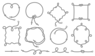 Rope knot frame with square, heart and circle shapes for marine label, nautical branding and vintage invitation card. Hand drawn twisted cable decorative badge, maritime banner isolated vector set