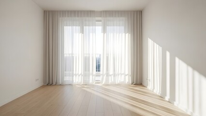 Fototapeta premium An elegant, sun-drenched interior featuring a pristine living space, complete with flowing curtains and hardwood floors, the scene evokes a sense of light, openness, and modern design.