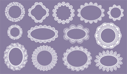 Obraz premium Lace oval and circle border. Guipure doilies and floral filigree for wedding invitation, bridal stationery and elegant label. Vintage lace frame for scrapbook, laser cut template isolated vector set