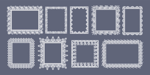 Fototapeta na wymiar Lace border frame in rectangular and square shape. Guipure rectangles and floral filigree for wedding doily, bridal elegant invitations. Vintage white lace frames vector isolated laser cut set