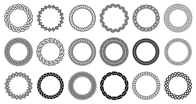 Celtic knot circle frame set with braided wreaths and interlace rings for emblem badges, medieval seals in Scottish or Irish style. Geometric round borders for viking label vector isolated set