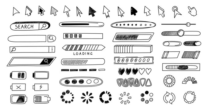 UI icon doodle. Hand drawn cursor button and interface slider, loading spinner, toggle switch and pointer, search bar and battery charge sign for web dashboard, app mockup. Vector sketch isolated set