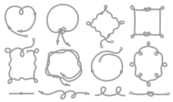 Rope knot frame with square, heart and circle shapes for marine label, nautical branding and vintage invitation card. Hand drawn twisted cable decorative badge, maritime banner isolated vector set