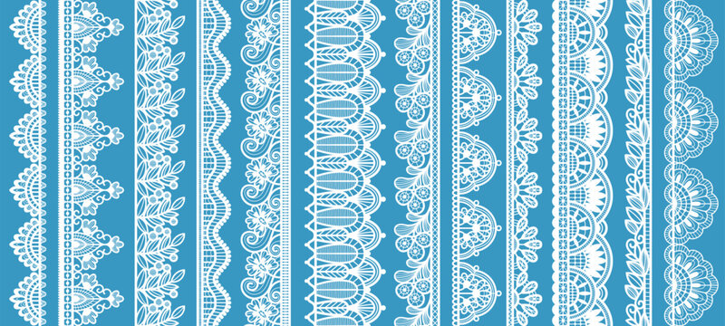 Lace seamless trim. Guipure edging and floral borders for bridal fashion, vintage textile decoration, elegant wedding template. Filigree ornament for lingerie, laser cut frame and isolated vector set