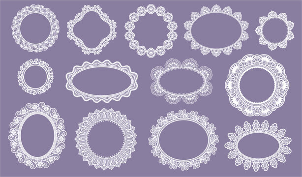 Lace oval and circle border. Guipure doilies and floral filigree for wedding invitation, bridal stationery and elegant label. Vintage lace frame for scrapbook, laser cut template isolated vector set