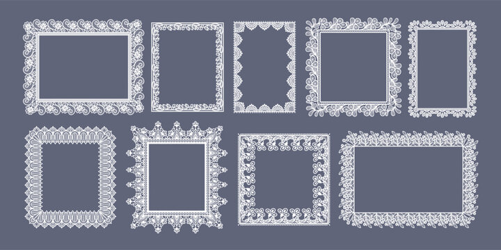 Lace border frame in rectangular and square shape. Guipure rectangles and floral filigree for wedding doily, bridal elegant invitations. Vintage white lace frames vector isolated laser cut set