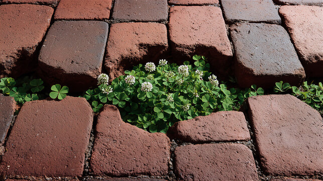 レンガの隙間から成長するクローバーの植物