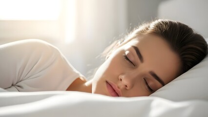 A serene young woman is captured in a peaceful slumber, the gentle light from a window caressing her face, creating a sense of tranquility and rest.