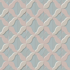 3D embossed textured lattice seamless pattern with soft pastel geometric curves. Elegant relief emboss design, ideal for modern wallpapers, textiles and luxury grid backgrounds. Endless texture.