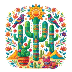 Keuken achterwand Boho stijl Vibrant Mexican folk art illustration with ornate cacti, colorful birds and a cat. Traditional ethnic ornaments and desert flowers in a bright, beautiful composition. Boho vector. Isolated on white.  © Elmar