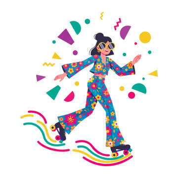 Retro 70s illustration of a stylish woman roller skating in a floral jumpsuit and sunglasses. Vibrant groovy composition with colorful geometric shapes and abstract motion lines.