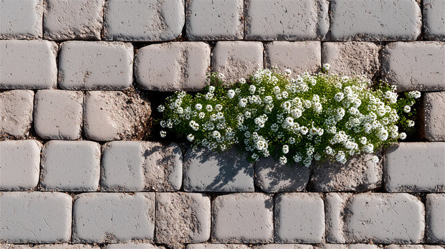 石畳の間から力強く芽吹く白い小さな花