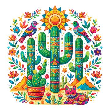 Vibrant Mexican folk art illustration with ornate cacti, colorful birds and a cat. Traditional ethnic ornaments and desert flowers in a bright, beautiful composition. Boho vector. Isolated on white.