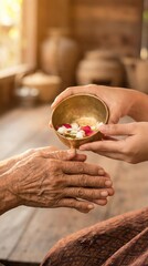 Hands exchanging a ceremonial bowl of flowers.