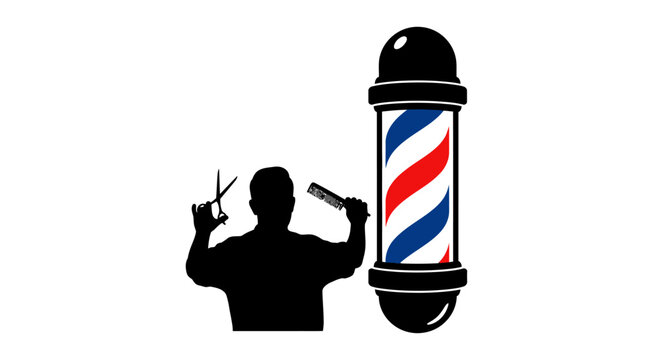 Skilled Barber Holding Scissors and Razor Next to Classic Barber Pole, Isolated White Background