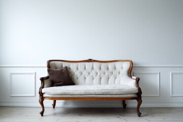 Antique upholstered settee with a plush cushion sits against a white wall.